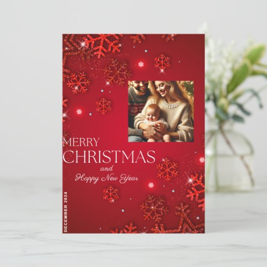 Rode Sneeuwvlok Kerst Kaart met Familiefoto (Staand voorkant)