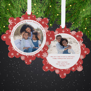 Rode Sneeuwvlok Kerstmis Familie Foto Ornament Kaart