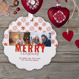 Rode Sneeuwvlok Prettig Kerstmis Familie 2 Foto's Ornament Kaart