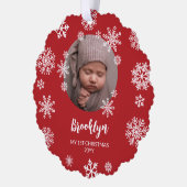Rode  Sneeuwvlokken Baby's 1e Kerstmis Ornament Kaart (Links)
