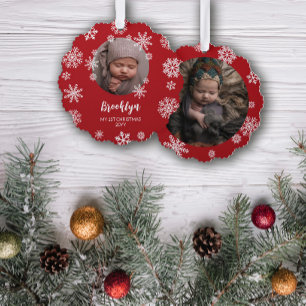 Rode  Sneeuwvlokken Baby's 1e Kerstmis Ornament Kaart