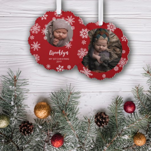 Rode  Sneeuwvlokken Baby's 1e Kerstmis Ornament Kaart