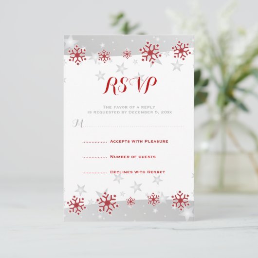 Rode sneeuwvlokken en grijze sterren moderne bruil RSVP kaartje (Staand voorkant)