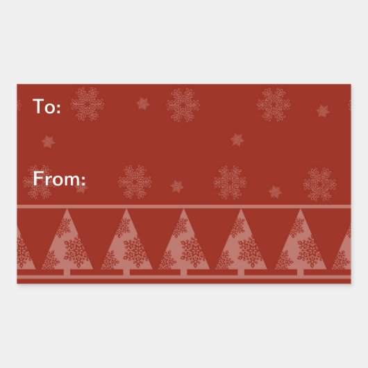 Rode sneeuwvlokken en kerstboomkleppen rechthoekige sticker (Voorkant)