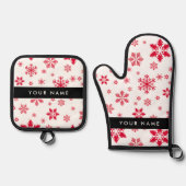 Rode sneeuwvlokken, Jouw naam, Personaliseren Ovenwant & Pannenlap Set (Voorkant)