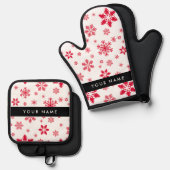 Rode sneeuwvlokken, Jouw naam, Personaliseren Ovenwant & Pannenlap Set (Voorkant / Achterkant)