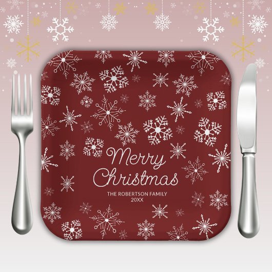Rode sneeuwvlokken kerstfeest papieren bordje