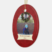 Rode sneeuwvlokken kerstfeestfoto-versiering keramisch ornament (Links)