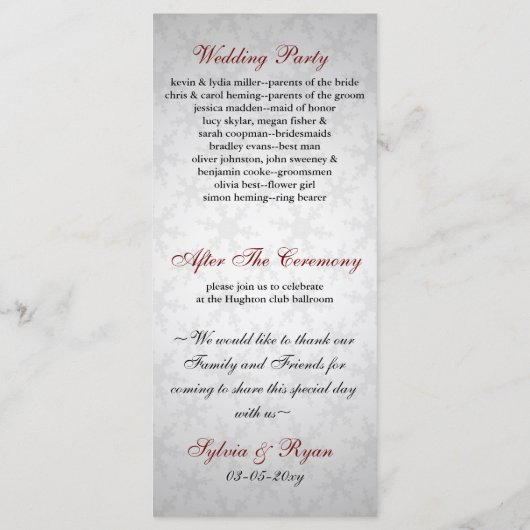 rode sneeuwvlokken winter bruiloft programma programmakaart (Achterkant)