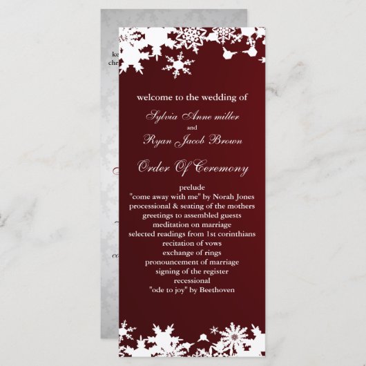 rode sneeuwvlokken winter bruiloft programma programmakaart (Voorkant / Achterkant)