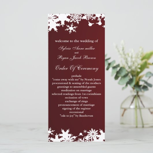 rode sneeuwvlokken winter bruiloft programma programmakaart (Staand voorkant)