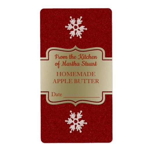 Rode sneeuwvlokken zelfgemaakte appelboter inblikp etiket (Voorkant)