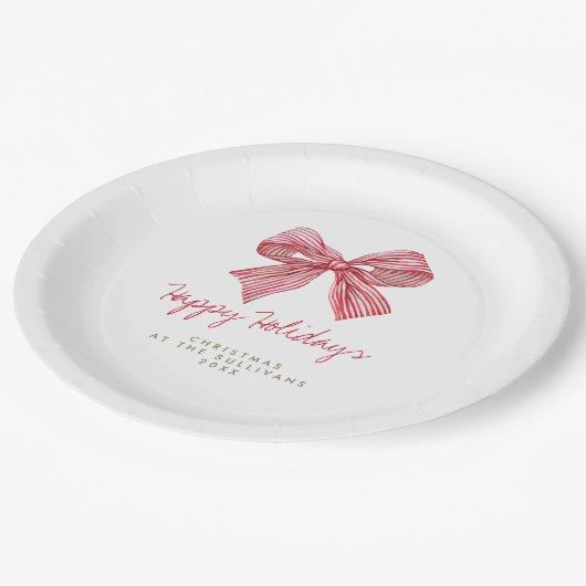 Rode Snoep Stripe Bow Gepersonaliseerde Vakantie P Papieren Bordje (Gekanteld)