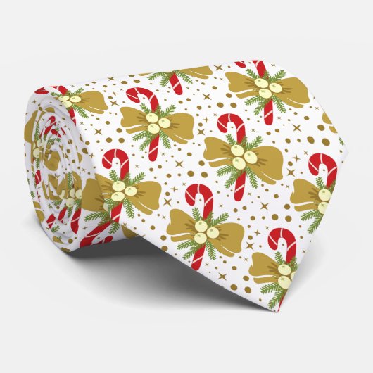 Rode snoepjes goudlinten op witte kerst stropdas (Opgerold)