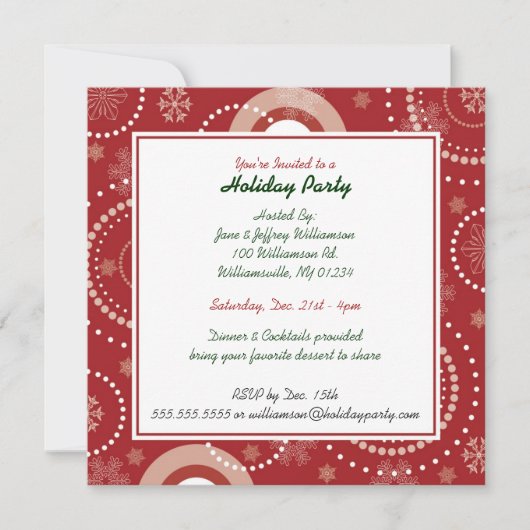 Rode Snowflake Swirls Holiday Party Invitations Kaart (Voorkant)