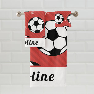 Rode Soccer-kerststijl Ball & Snow-Kinder naam Bad Handdoek