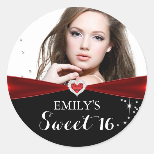 Rode Sparkle Heart Foto Sweet Sixteen Sticker (Voorkant)
