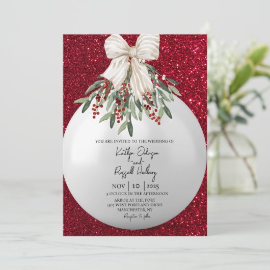 Rode Sparkle Kerstmis Ornament Bruiloft Uitnodigin Kaart (Staand voorkant)