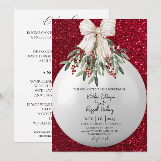 Rode Sparkle Kerstmis Ornament Bruiloft Uitnodigin Kaart (Voorkant / Achterkant)