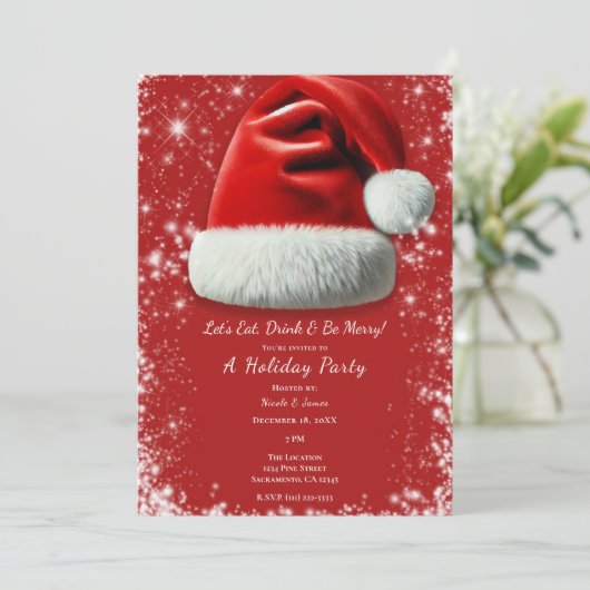 Rode Sparkle Santa Hat Holiday Christmas Party Kaart (Staand voorkant)
