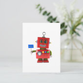Rode speelgoed robot met hallo bord briefkaart (Staand voorkant)