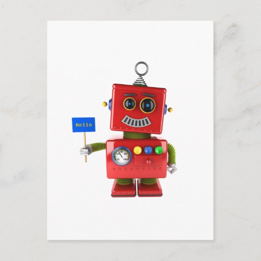 Rode speelgoed robot met hallo bord briefkaart (Voorkant)