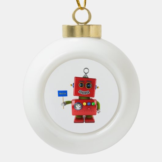 Rode speelgoed robot met hallo bord keramische bal ornament (Voorkant)