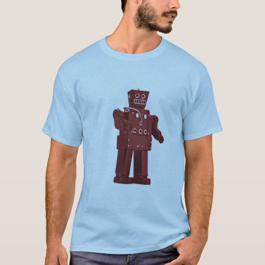 Rode Speelgoed robot op blauw T-shirt (Voorkant)