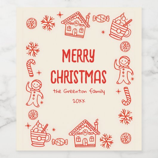 Rode speelse hand getrokken Doodle grillige kerst Wijn Etiket (Enkel label)