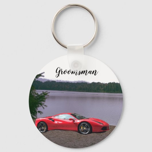 Rode sportauto gepersonaliseerde bruidsjonker sleu sleutelhanger (Voorkant)