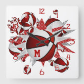 Rode Sportruimte Decor Basketballen Sterren Vierkante Klok (Voorkant)