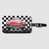 Rode Sport's Auto, Witte Naam, B/W geruit Bagagelabel (Voorkant (horizontaal))