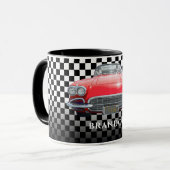 Rode Sport's Auto, Witte Naam, B/W geruit Mok (Voorkant links)