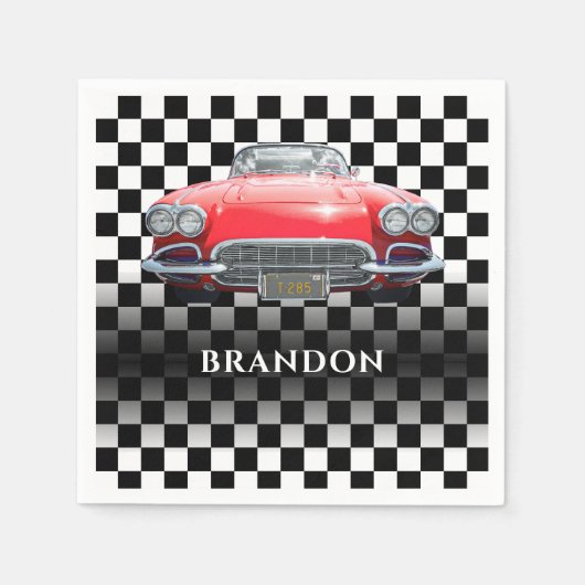 Rode Sport's Auto, Witte Naam, B/W geruit Servet (Voorkant)