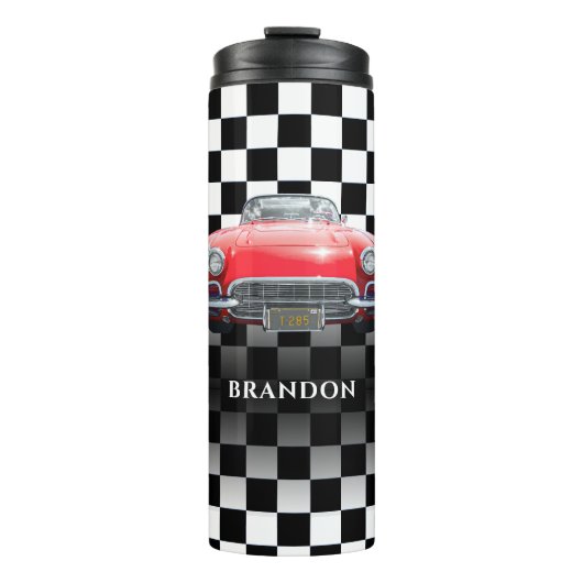 Rode Sport's Auto, Witte Naam, B/W geruit Thermosbeker (Voorkant)