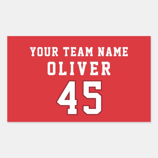 Rode sportspeler teamnaam nummer rechthoekige sticker (Voorkant)