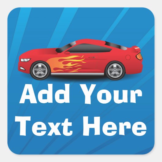 Rode Sportwagen Flame Kinder Jongens Gepersonalise Vierkante Sticker (Voorkant)