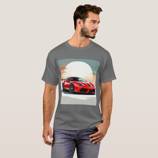 Rode sportwagen in levendige zonsondergang t-shirt (Voorkant volledig)