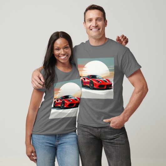 Rode sportwagen in levendige zonsondergang t-shirt (Unisex)