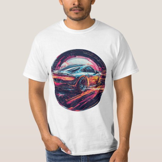 Rode sportwagen in moderne surrealistische kunsttu t-shirt (Voorkant)