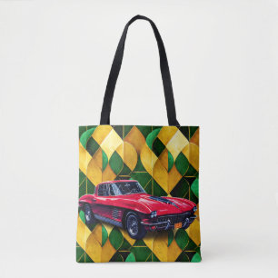 rode sportwagen op een groene retro achtergrond tote bag