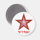 Rode Star-koelkast "STAR!" magneet rond wit (Voorkant / Achterkant)