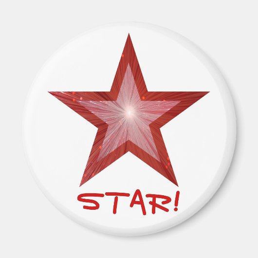 Rode Star-koelkast "STAR!" magneet rond wit (Voorkant)