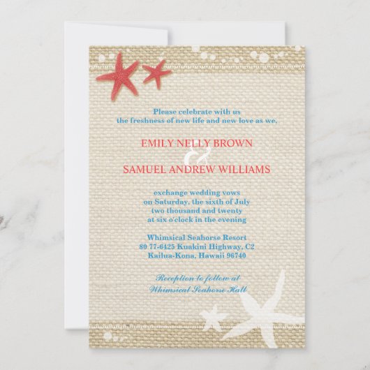 Rode Starfish Rustic Beach Wedding Kaart (Achterkant)