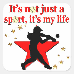 RODE STER SOFTBALL IS MIJN LEVENSONTWERP VIERKANTE STICKER
