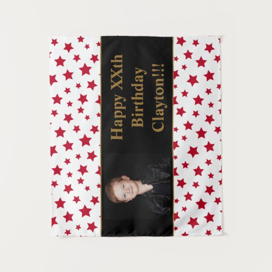 Rode sterren met bericht Foto Verjaardag wandkleed (Voorkant)