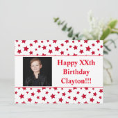 Rode sterren met berichtfoto van Birthday Party Kaart (Staand voorkant)