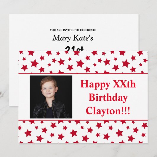 Rode sterren met berichtfoto van Birthday Party Kaart (Voorkant / Achterkant)