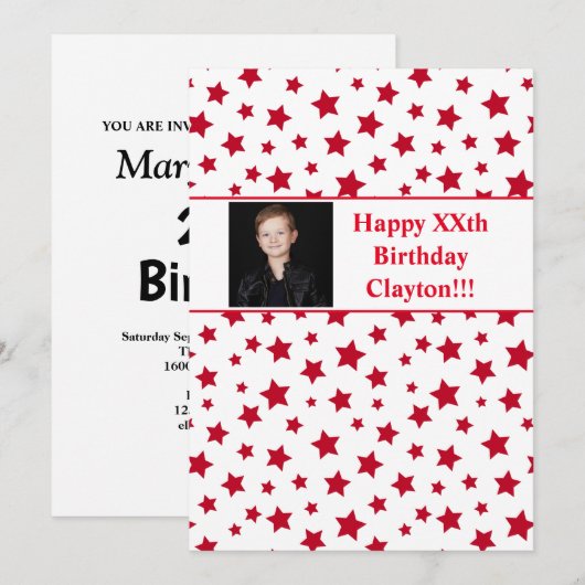 Rode sterren met berichtfoto van Birthday Party Kaart (Voorkant / Achterkant)