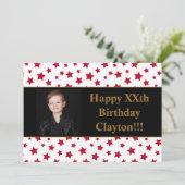 Rode sterren met berichtfoto van Birthday Party Kaart (Staand voorkant)
